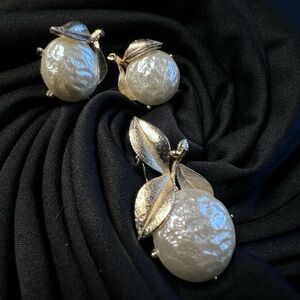 Sarah Coventry Vintage gold tone and faux pearl fruit brooch and earring set.